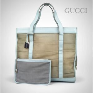 Gucci Tom Ford Y2K Baby Blue Leather Greige Mesh Tote Bag & Pouch Vintage 2000s